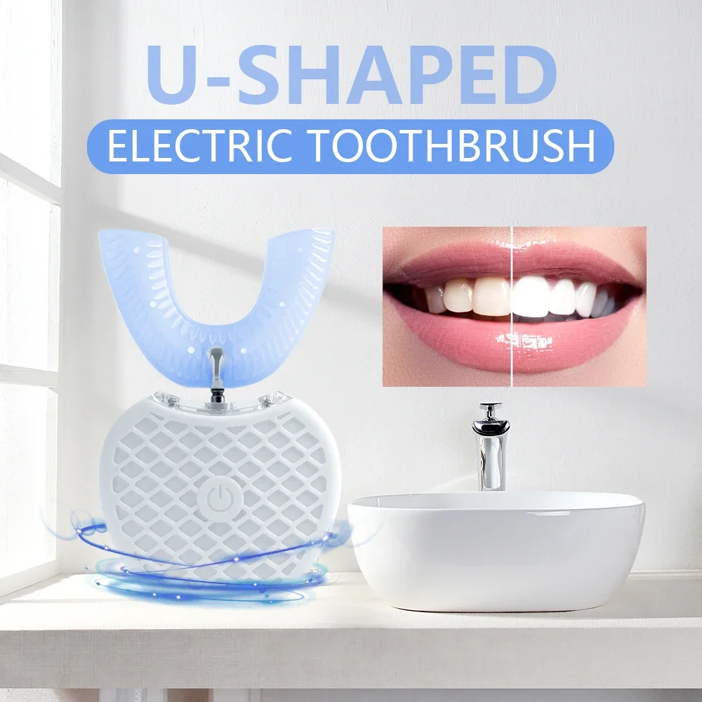 Teeth Whitening Blue Light - 超音波電動歯ブラシ 大人用 自動U字型フルマウス360 ° クリーンティースホワイトニング IPX7防水