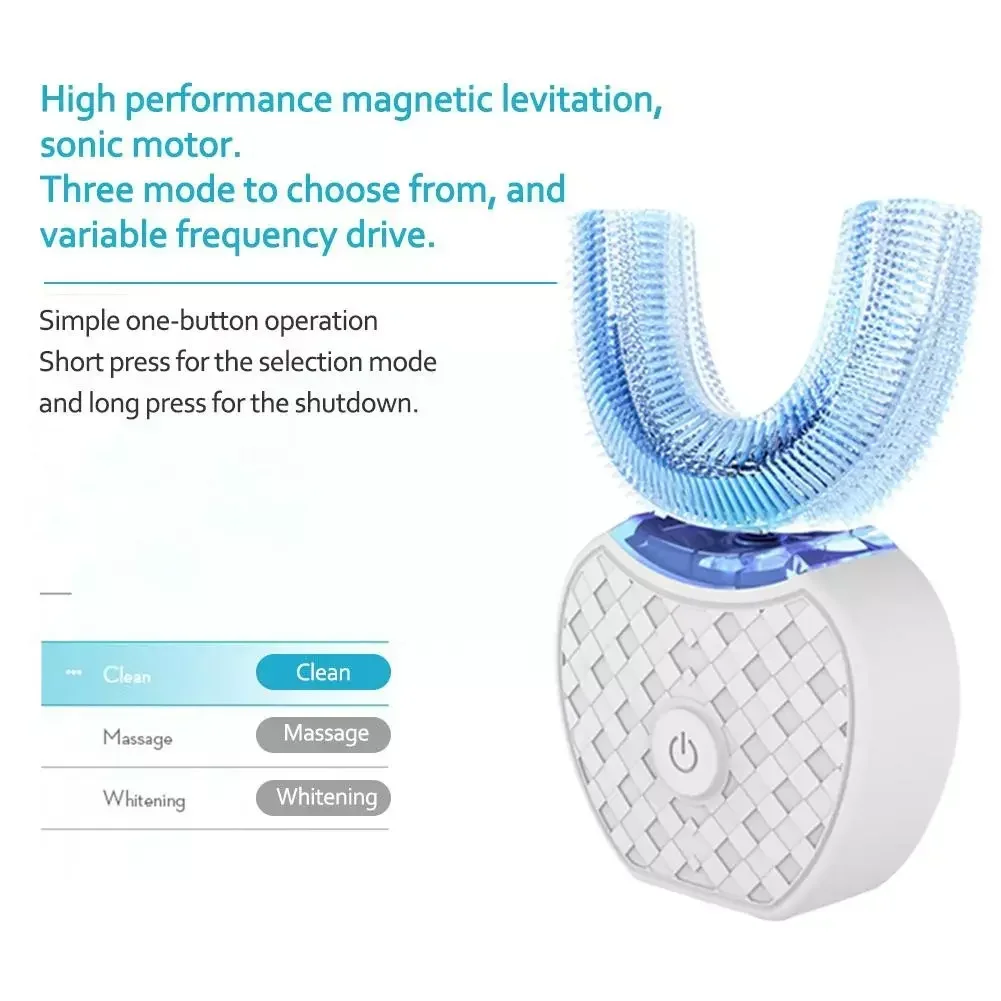 超音波電動歯ブラシ 大人用 自動U字型フルマウス360 °  - Teeth Whitening Blue Light のレビューと価格