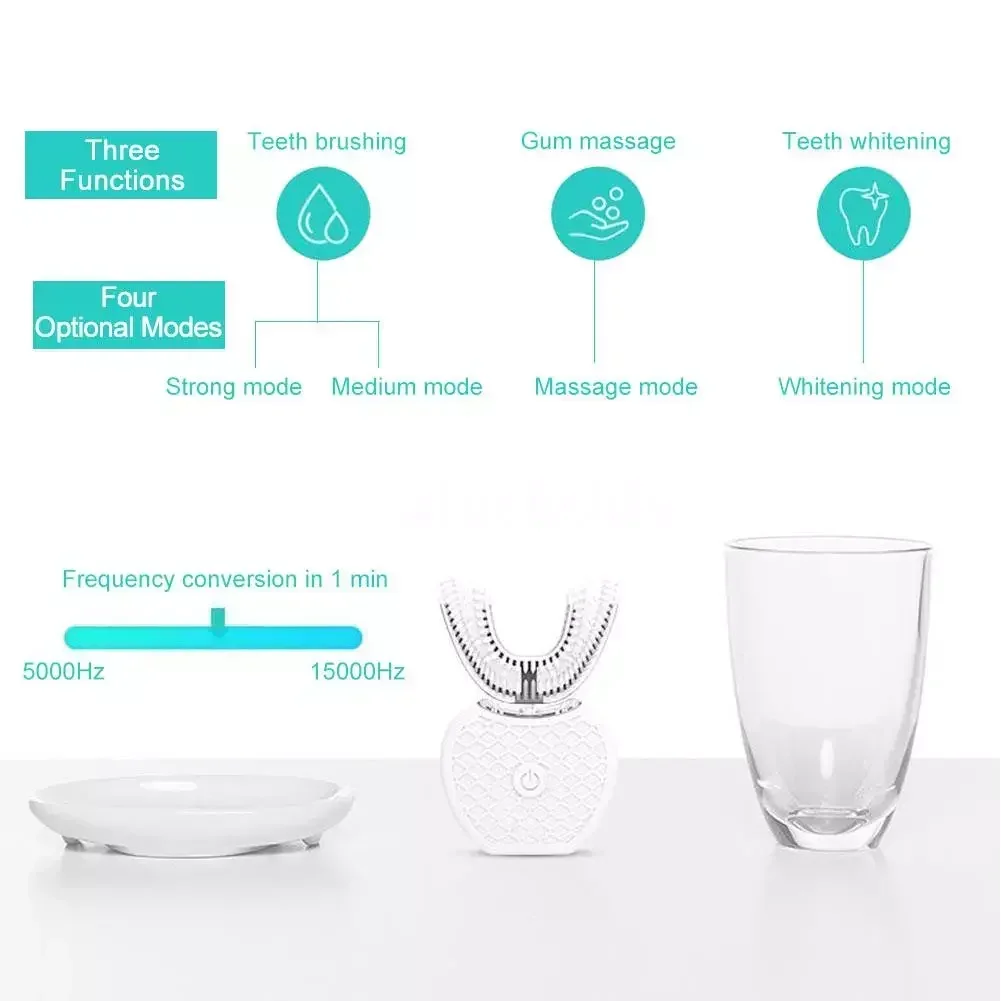 超音波電動歯ブラシ 大人用 自動U字型フルマウス360 °  - Teeth Whitening Blue Light のレビューと価格