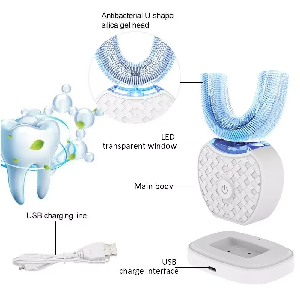 超音波電動歯ブラシ 大人用 自動U字型フルマウス360 °  - Teeth Whitening Blue Light のレビューと価格